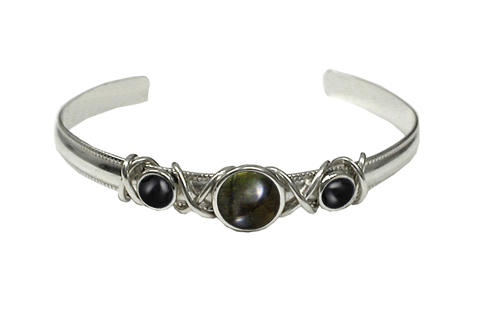 Sterling Silver Hand Made Cuff Bracelet With Spectrolite And Black Onyx